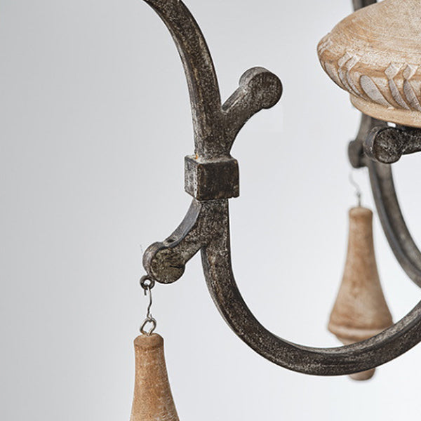 Traditional Vintage Carved Candle Shape Round Ironwood 4/6 Light Chandelier For Living Room