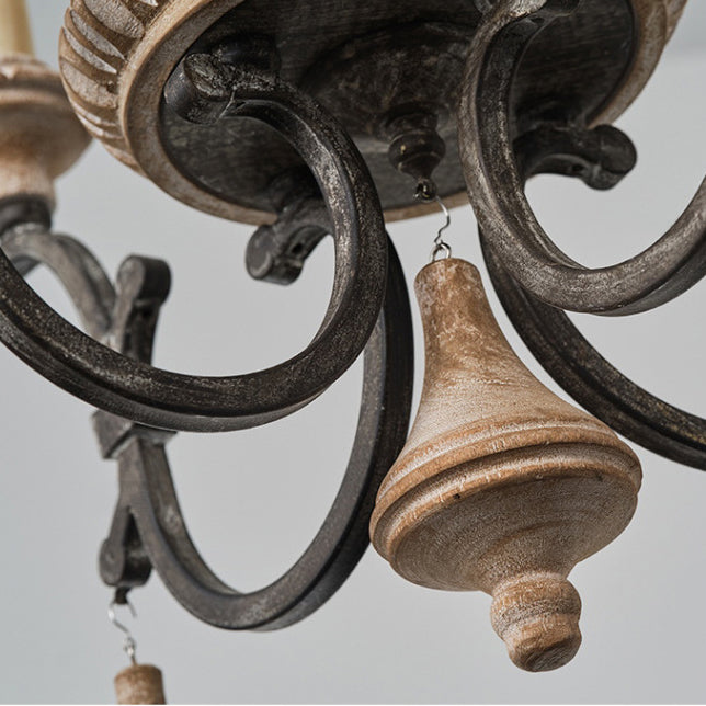 Traditional Vintage Carved Candle Shape Round Ironwood 4/6 Light Chandelier For Living Room