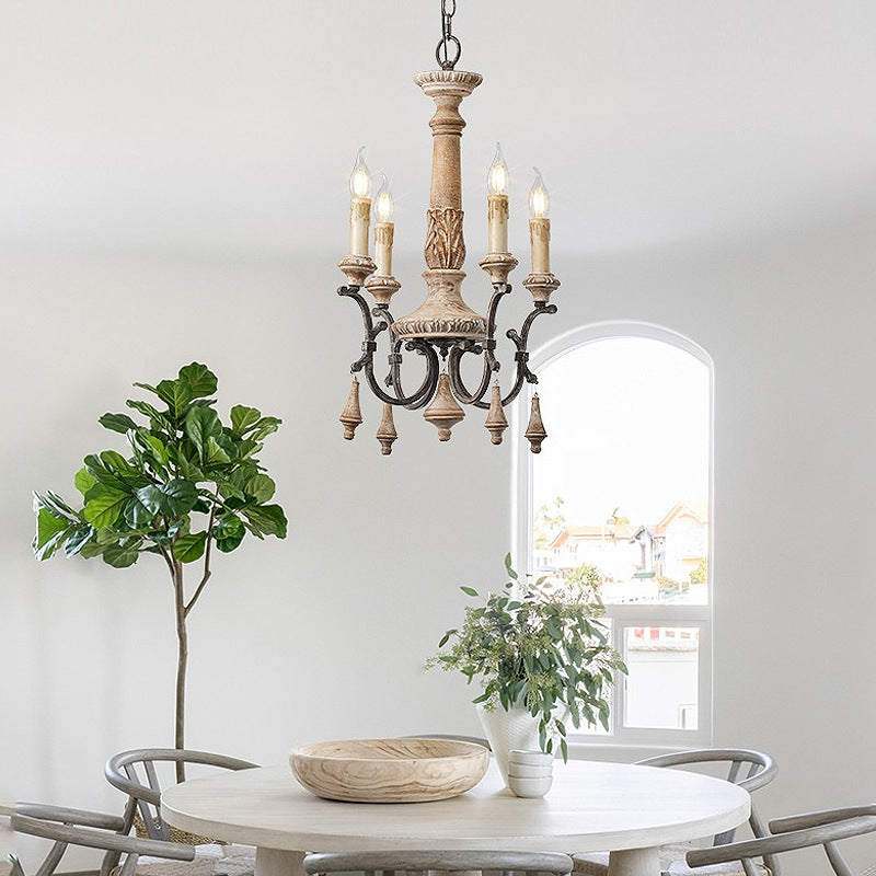 Traditional Vintage Carved Candle Shape Round Ironwood 4/6 Light Chandelier For Living Room
