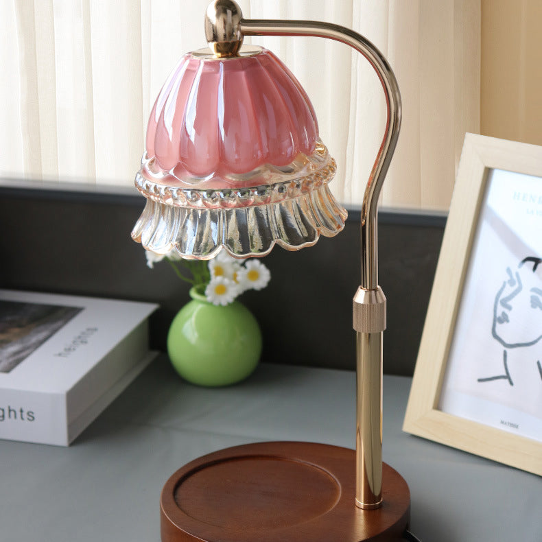 Modern Art Deco Liftable Bell Orchid Iron Glass Wood 1-Light Melting Wax Table Lamp For Bedroom