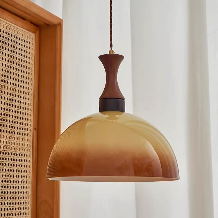 Contemporary Scandinavian Cream Round Cone Wood Glass 1-Light Pendant Light For Dining Room