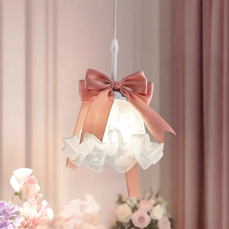 Traditional French Cream Girl Bow Round Iron Glass 1-Light Pendant Light For Bedroom