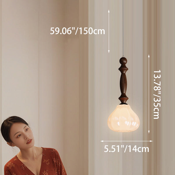 Traditional Vintage Floral Round Cone Wood Iron Glass LED Pendant Light For Bedroom