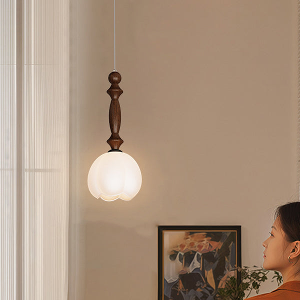 Traditional Vintage Floral Round Cone Wood Iron Glass LED Pendant Light For Bedroom