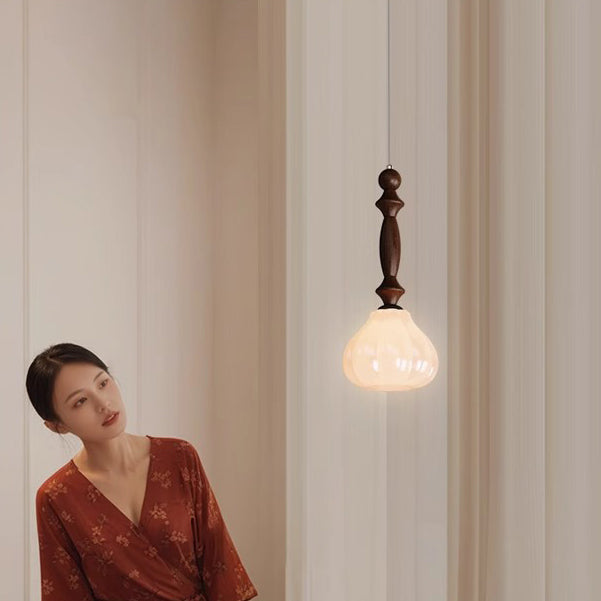 Traditional Vintage Floral Round Cone Wood Iron Glass LED Pendant Light For Bedroom