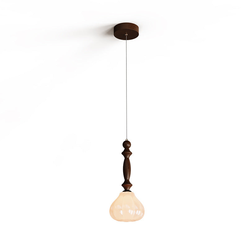 Traditional Vintage Floral Round Cone Wood Iron Glass LED Pendant Light For Bedroom