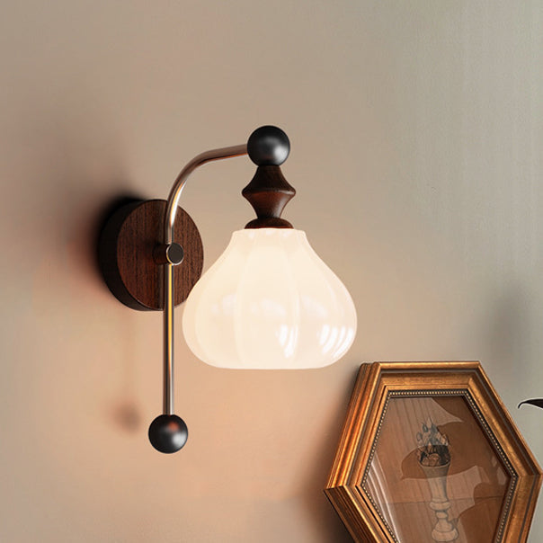 Traditional Vintage Floral Round Cone Wood Iron Glass LED Wall Sconce Lamp For Bedroom