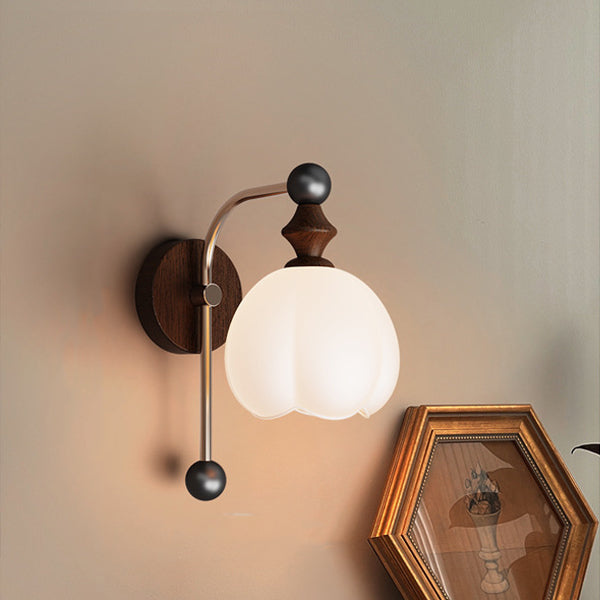 Traditional Vintage Floral Round Cone Wood Iron Glass LED Wall Sconce Lamp For Bedroom