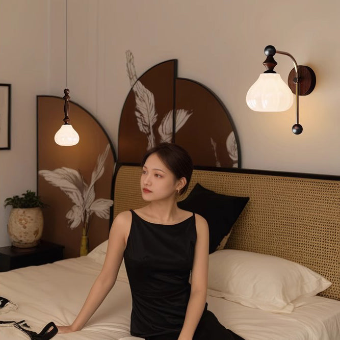 Traditional Vintage Floral Round Cone Wood Iron Glass LED Wall Sconce Lamp For Bedroom
