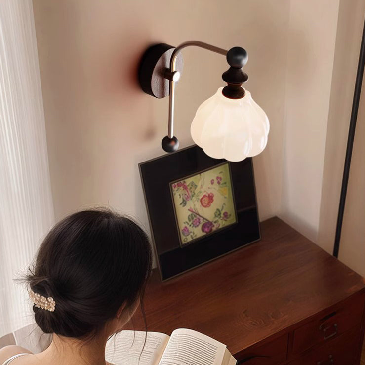 Traditional Vintage Floral Round Cone Wood Iron Glass LED Wall Sconce Lamp For Bedroom