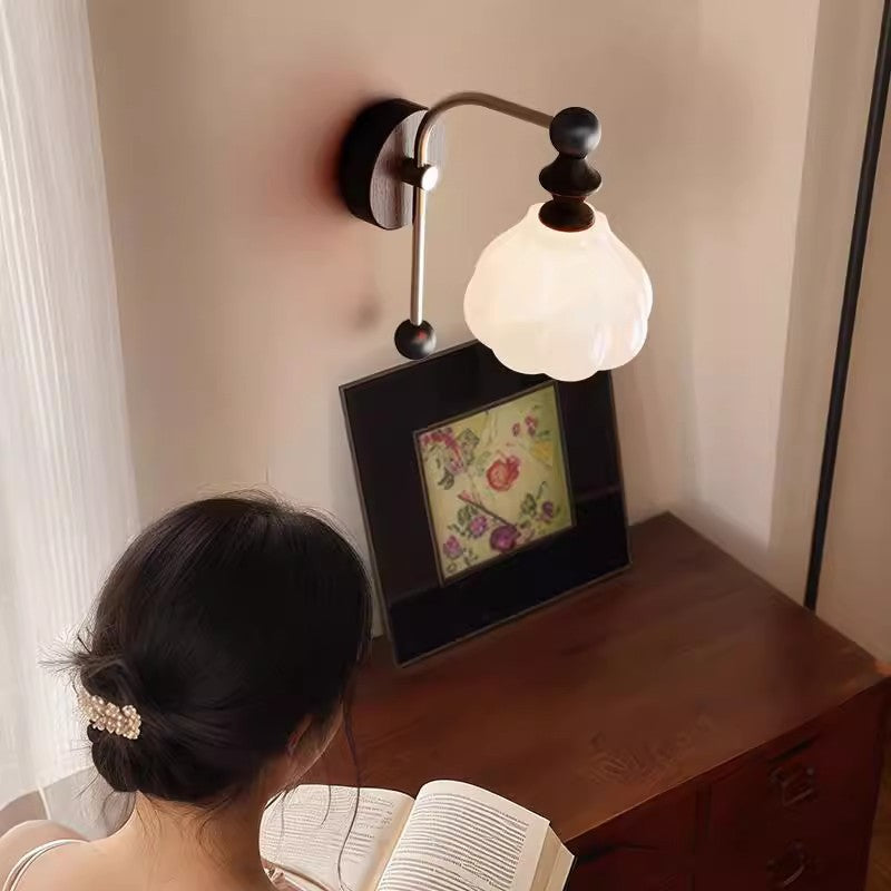 Traditional Vintage Floral Round Cone Wood Iron Glass LED Wall Sconce Lamp For Bedroom