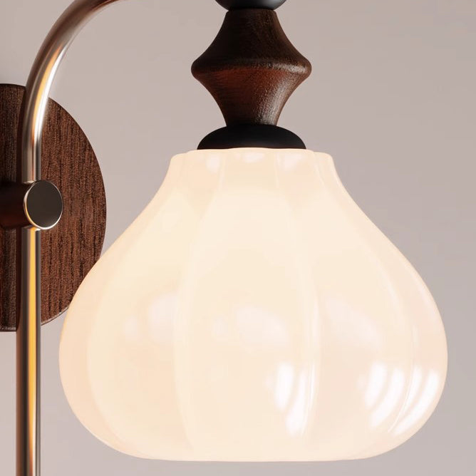 Traditional Vintage Floral Round Cone Wood Iron Glass LED Wall Sconce Lamp For Bedroom