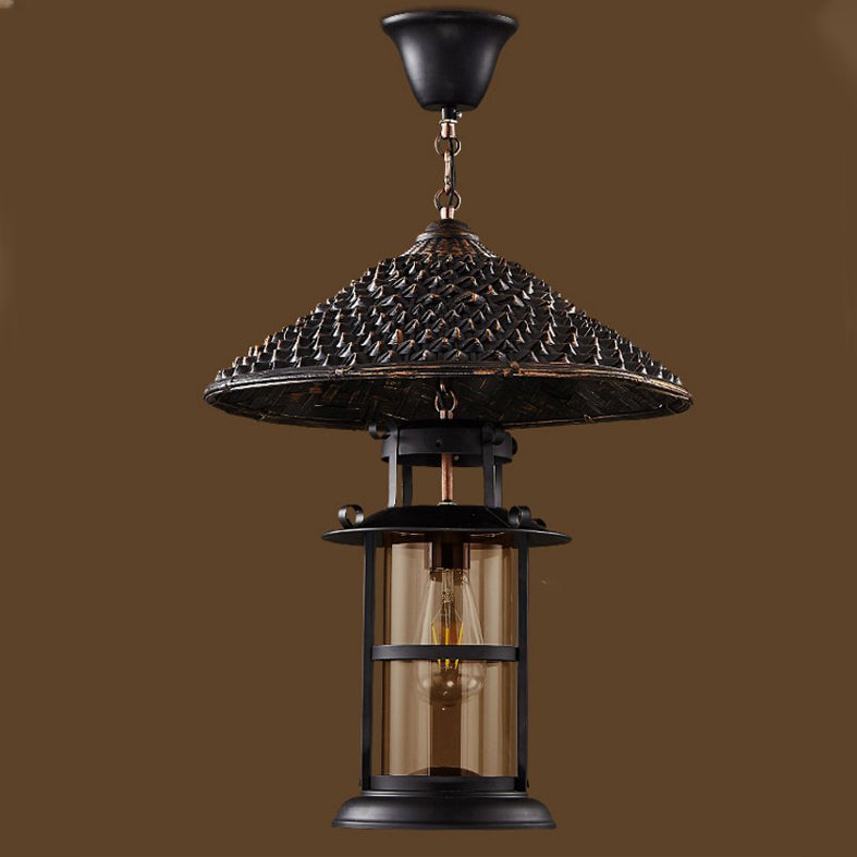 Contemporary Industrial Hat Cone Cylinder Iron Bamboo Glass 1-Light Pendant Light For Living Room