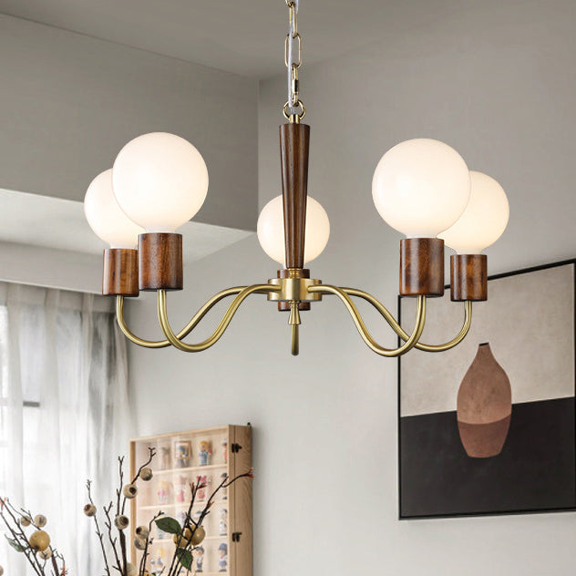 Traditional Vintage Round Orb Copper Walnut Glass 3/5 Light Chandelier For Living Room