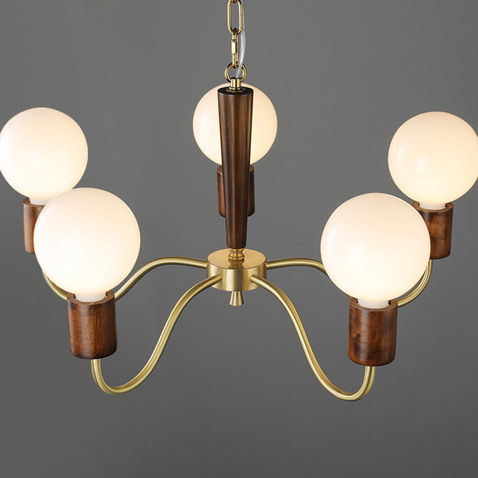 Traditional Vintage Round Orb Copper Walnut Glass 3/5 Light Chandelier For Living Room