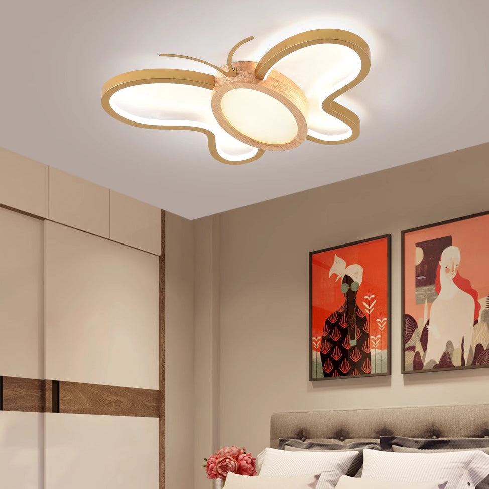 Contemporary Creative Kids Butterfly Shape Hardware Acrylic Rubberwood LED Flush Mount Ceiling Light For Bedroom