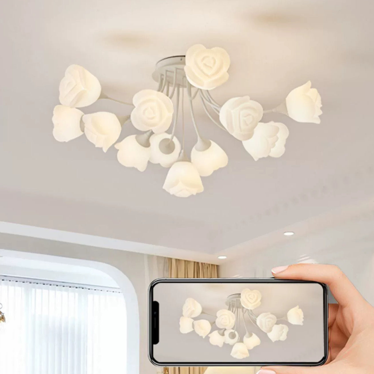 Modern Art Deco Cream Round Rose Iron Rotational Molding 7/11/13 Light Semi-Flush Mount Ceiling Light For Bedroom