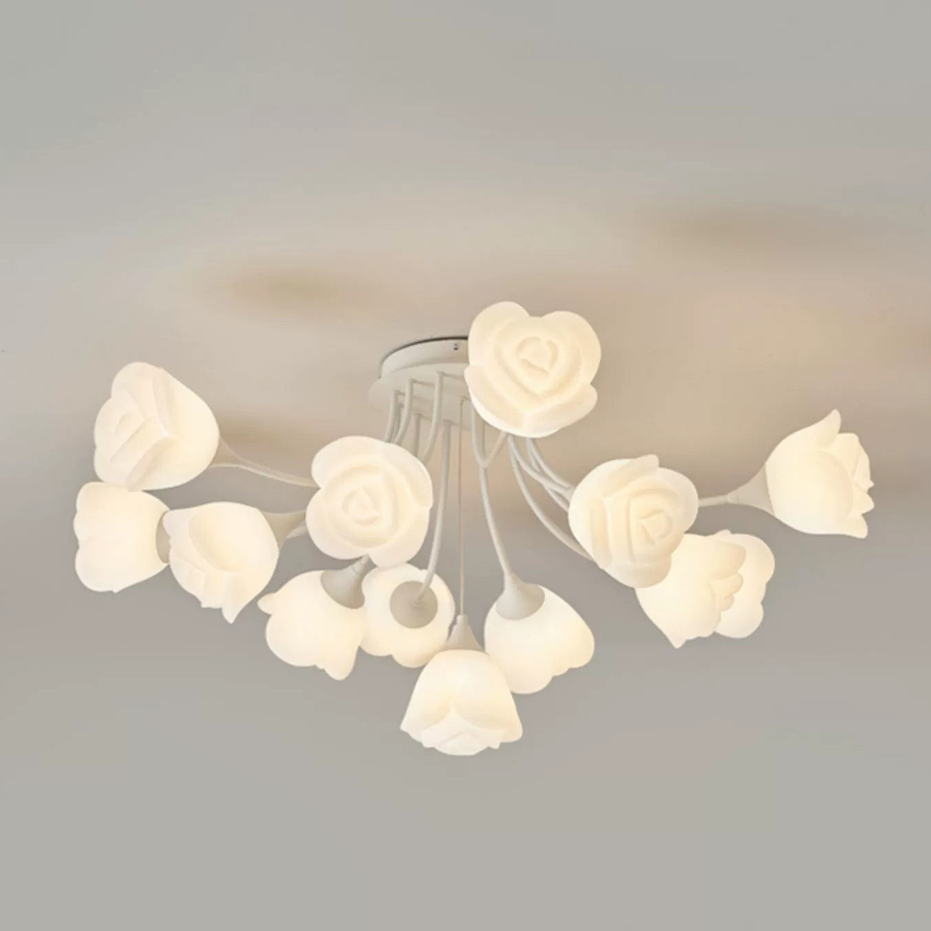 Modern Art Deco Cream Round Rose Iron Rotational Molding 7/11/13 Light Semi-Flush Mount Ceiling Light For Bedroom