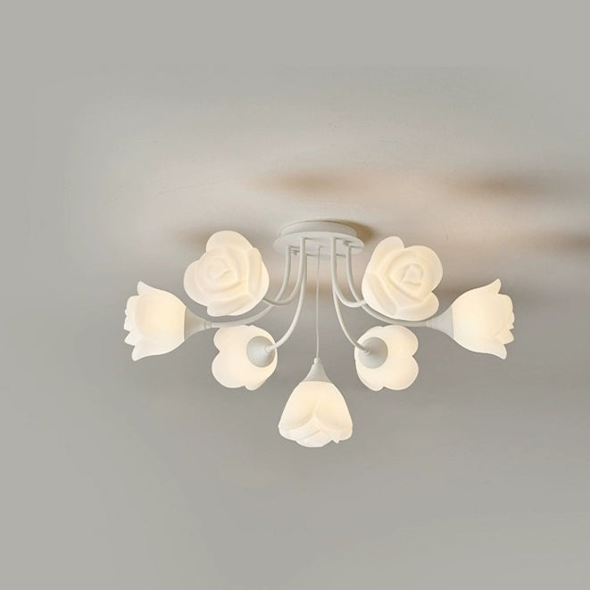 Modern Art Deco Cream Round Rose Iron Rotational Molding 7/11/13 Light Semi-Flush Mount Ceiling Light For Bedroom