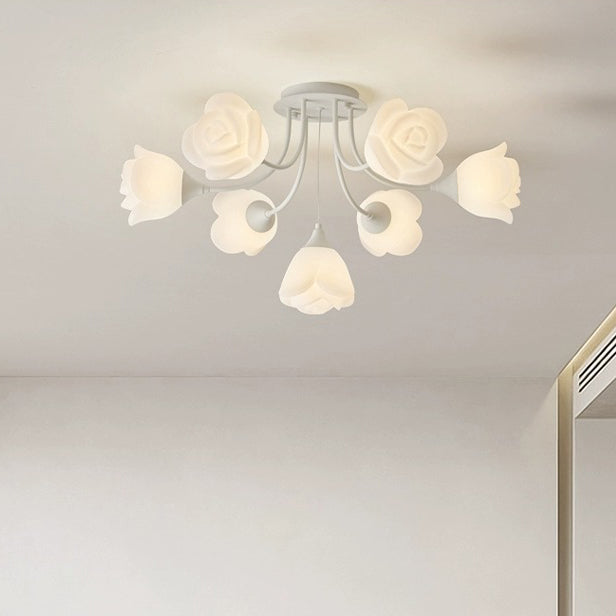 Modern Art Deco Cream Round Rose Iron Rotational Molding 7/11/13 Light Semi-Flush Mount Ceiling Light For Bedroom