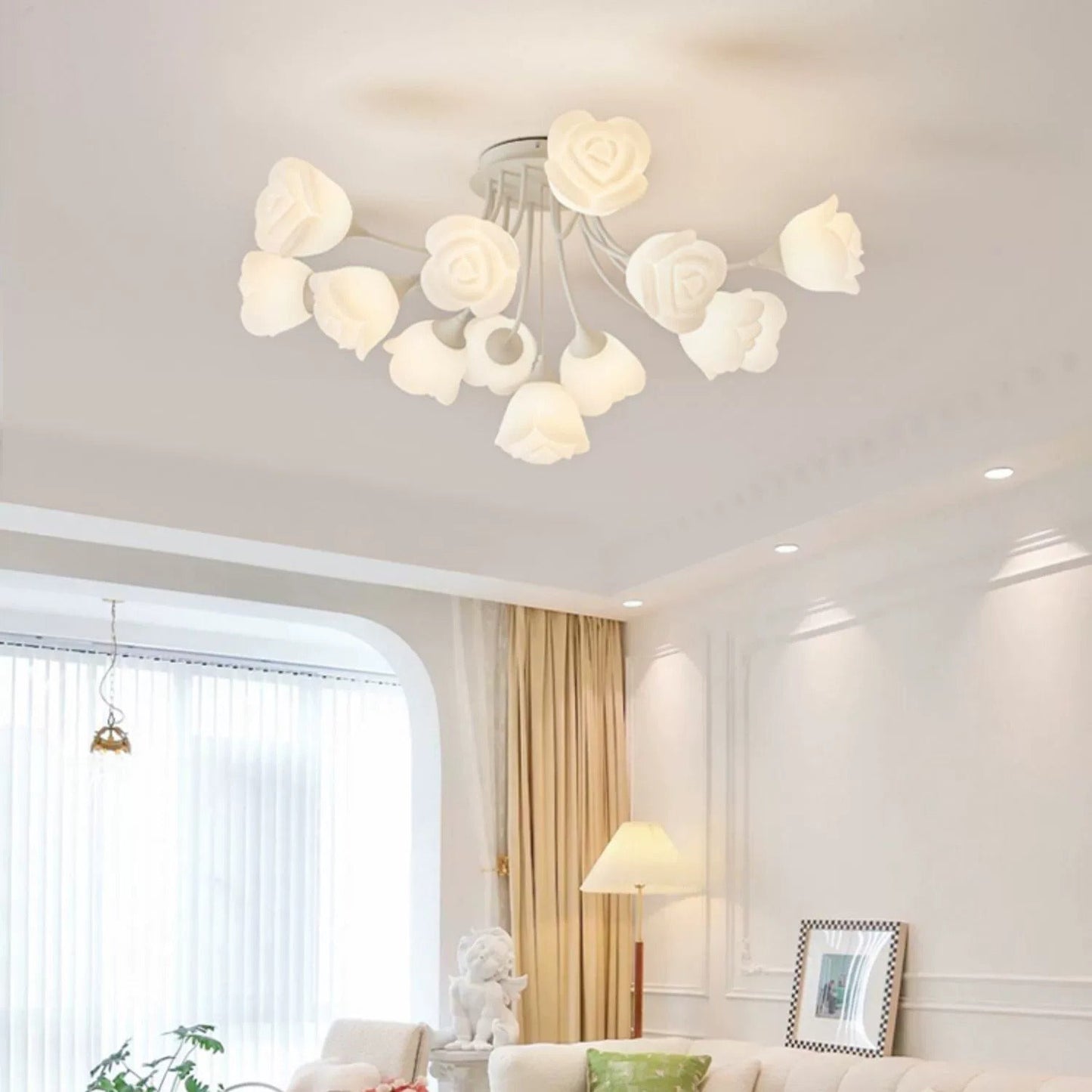 Modern Art Deco Cream Round Rose Iron Rotational Molding 7/11/13 Light Semi-Flush Mount Ceiling Light For Bedroom