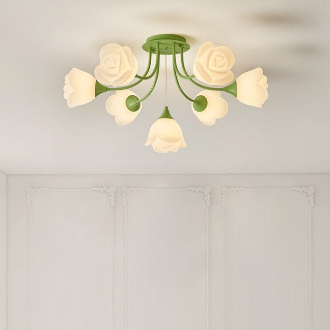Modern Art Deco Cream Round Rose Iron Rotational Molding 7/11/13 Light Semi-Flush Mount Ceiling Light For Bedroom
