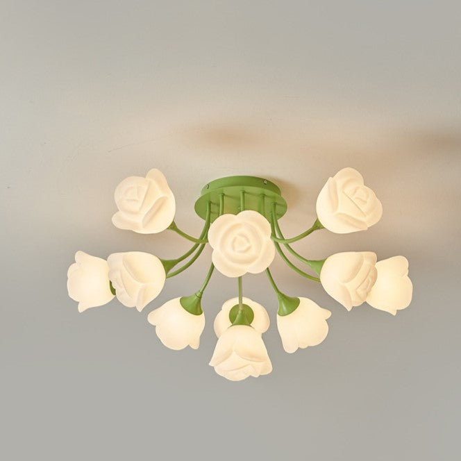 Modern Art Deco Cream Round Rose Iron Rotational Molding 7/11/13 Light Semi-Flush Mount Ceiling Light For Bedroom