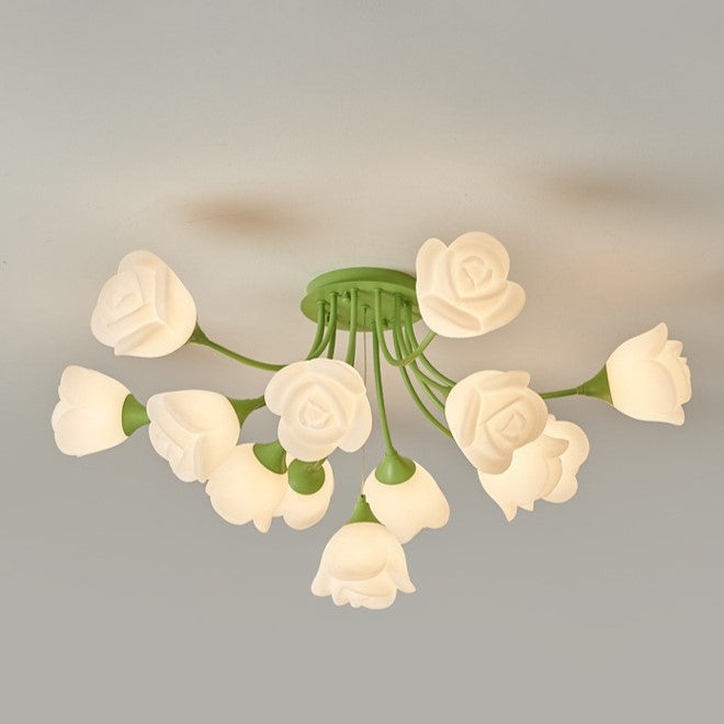 Modern Art Deco Cream Round Rose Iron Rotational Molding 7/11/13 Light Semi-Flush Mount Ceiling Light For Bedroom