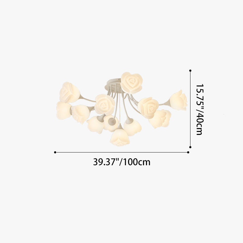 Modern Art Deco Cream Round Rose Iron Rotational Molding 7/11/13 Light Semi-Flush Mount Ceiling Light For Bedroom