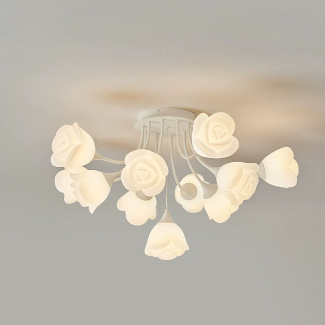 Modern Art Deco Cream Round Rose Iron Rotational Molding 7/11/13 Light Semi-Flush Mount Ceiling Light For Bedroom