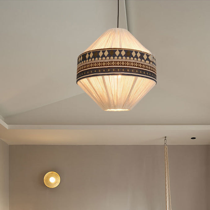 Contemporary Boho Gyro Shape Round Cone Cotton Rope Fabric 1-Light Pendant Light For Dining Room