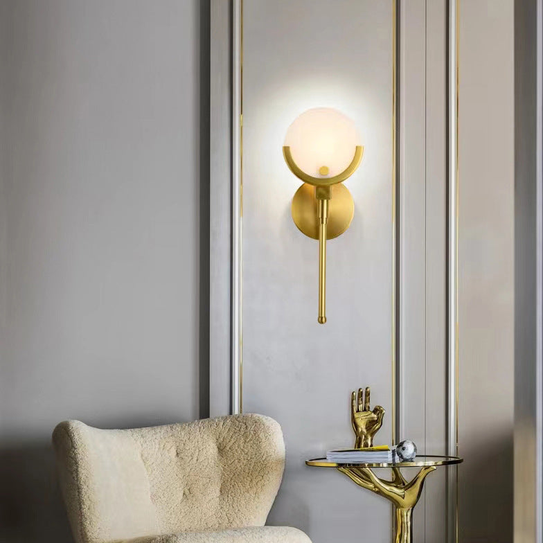 Contemporary Scandinavian Round Linear Iron Marble 1-Light Wall Sconce Lamp For Bedroom