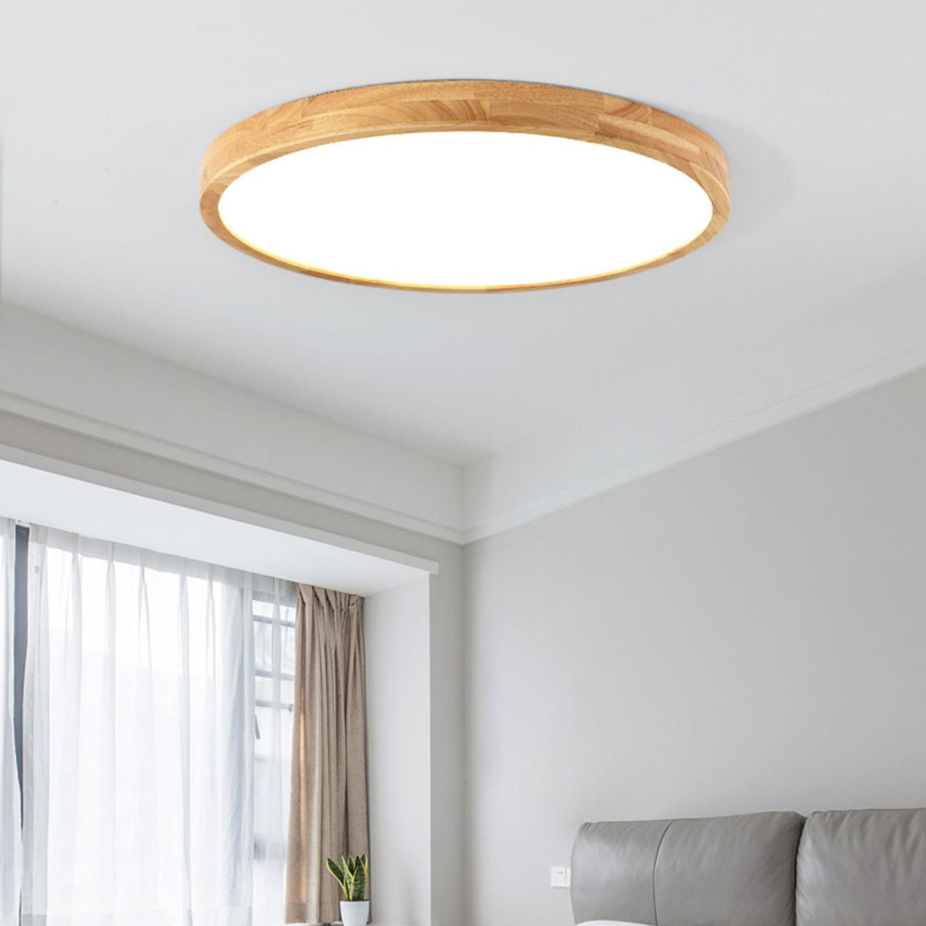 Modern Minimalist Round Dome Rubberwood Acrylic LED Flush Mount Ceiling Light For Bedroom