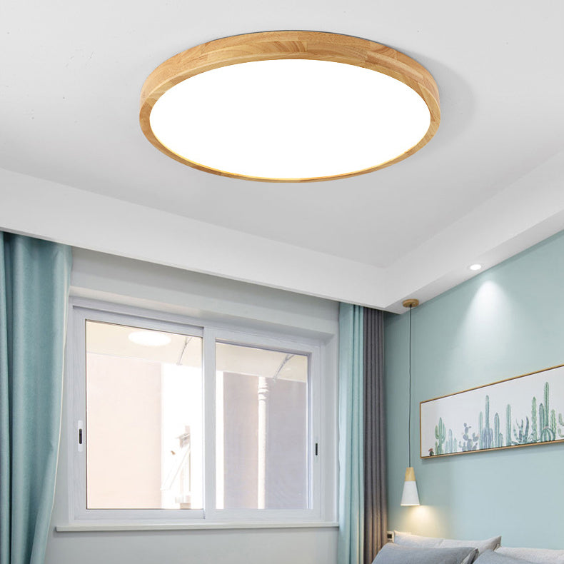 Modern Minimalist Round Dome Rubberwood Acrylic LED Flush Mount Ceiling Light For Bedroom