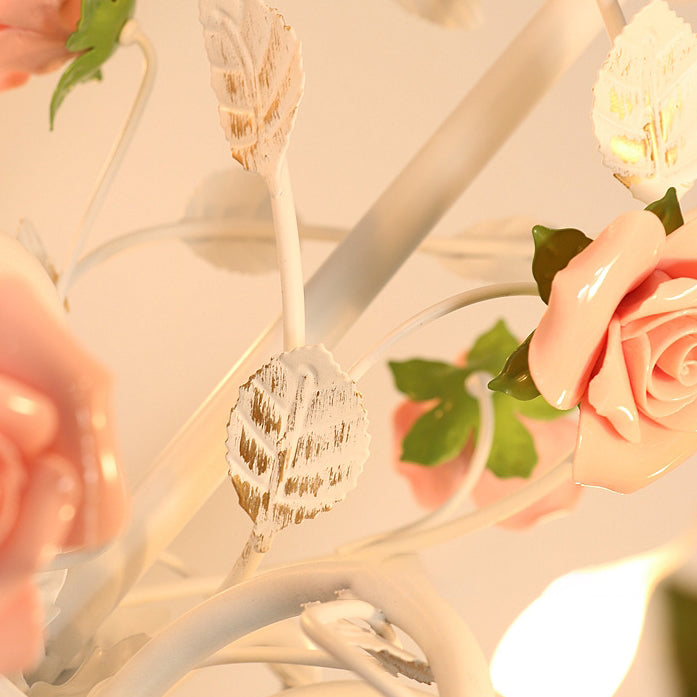 Traditional French Rose Candle Dendritic Round Iron Ceramic 3/6/8 Light Chandelier For Living Room