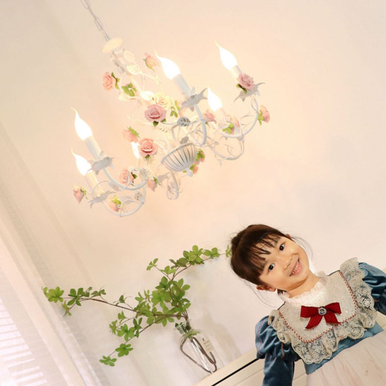 Traditional French Rose Candle Dendritic Round Iron Ceramic 3/6/8 Light Chandelier For Living Room