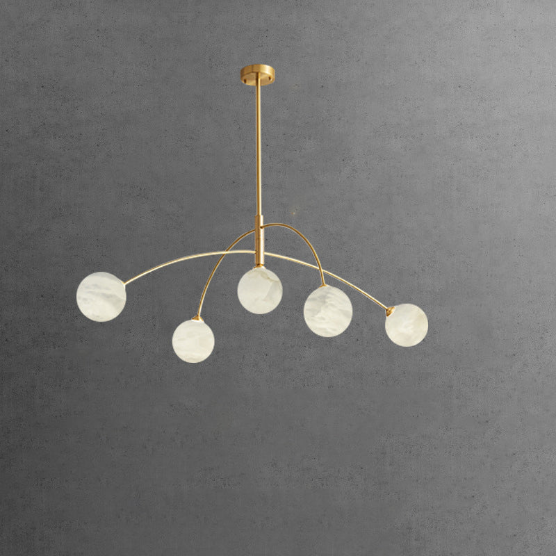 Contemporary Nordic Curved Round Orb Copper Marble 5-Light Chandelier For Living Room