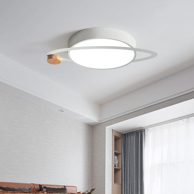 Contemporary Creative Planet Round Iron Rubberwood Acrylic LED Flush Mount Ceiling Light For Bedroom