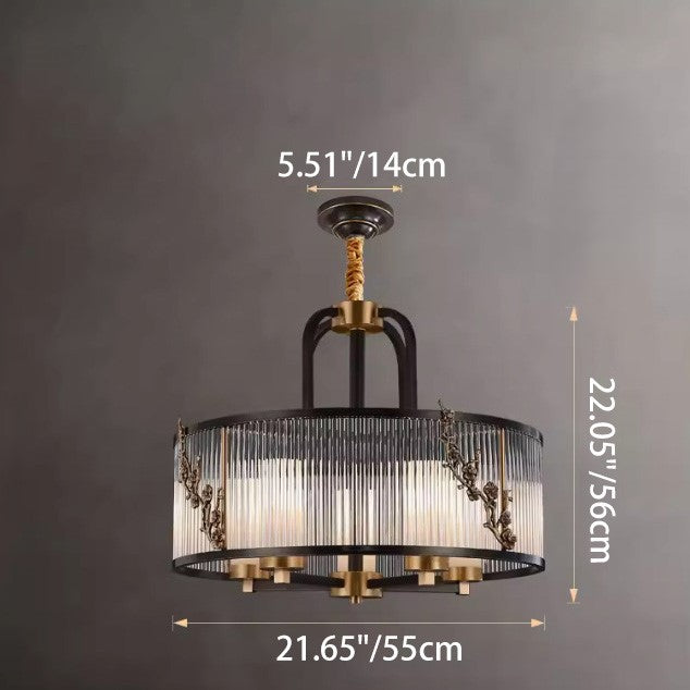 Traditional Vintage Round Rectangle Copper Glass 5/6 Light Chandelier For Living Room