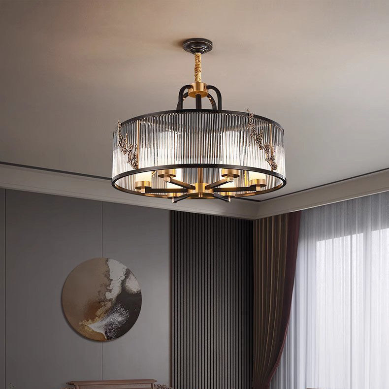 Traditional Vintage Round Rectangle Copper Glass 5/6 Light Chandelier For Living Room