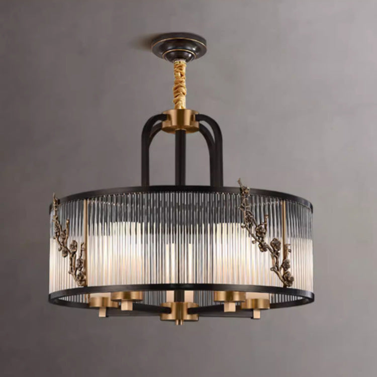 Traditional Vintage Round Rectangle Copper Glass 5/6 Light Chandelier For Living Room