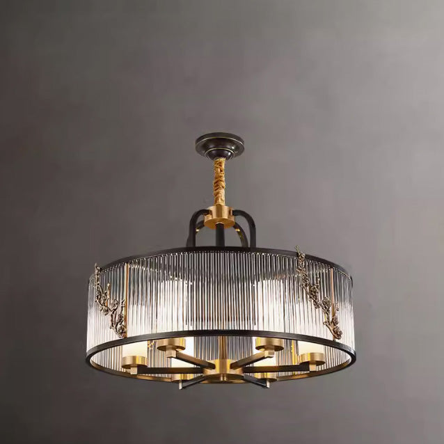 Traditional Vintage Round Rectangle Copper Glass 5/6 Light Chandelier For Living Room