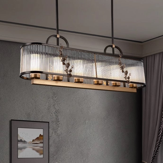 Traditional Vintage Round Rectangle Copper Glass 5/6 Light Chandelier For Living Room