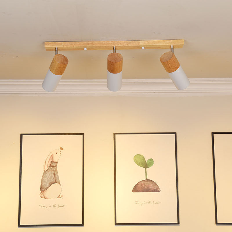 Contemporary Nordic Adjustable Linear Cylinder Wood Aluminum Spotlight 3-Light Semi-Flush Mount Ceiling Light For Bedroom