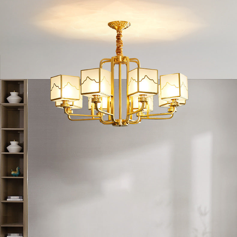 Traditional Chinese Square Rectangle Round Copper Glass 6/8/10 Light Chandelier For Living Room