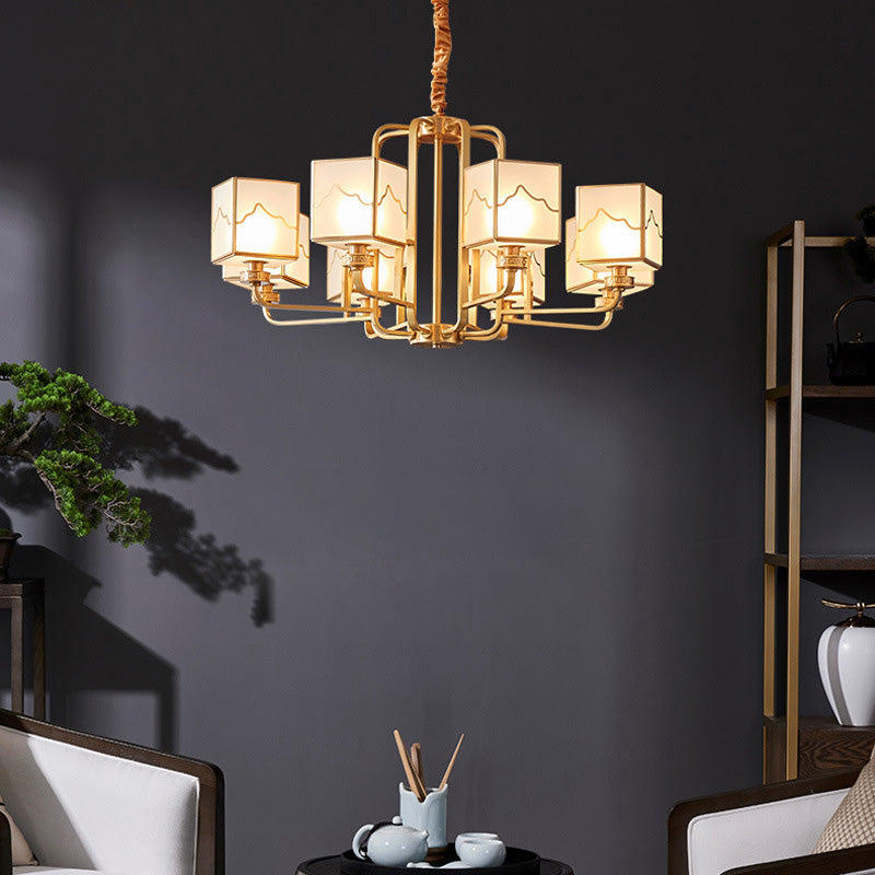 Traditional Chinese Square Rectangle Round Copper Glass 6/8/10 Light Chandelier For Living Room