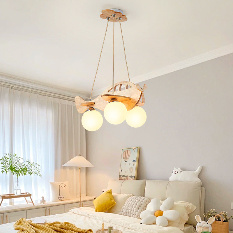 Contemporary Creative Kids Cartoon Airplane Orb Wood Iron Glass 3-Light Chandelier For Bedroom