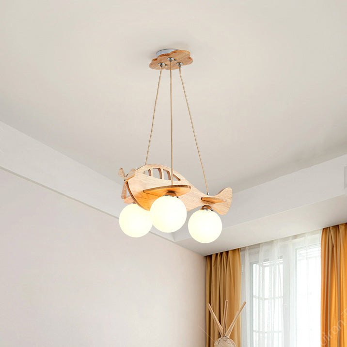Contemporary Creative Kids Cartoon Airplane Orb Wood Iron Glass 3-Light Chandelier For Bedroom