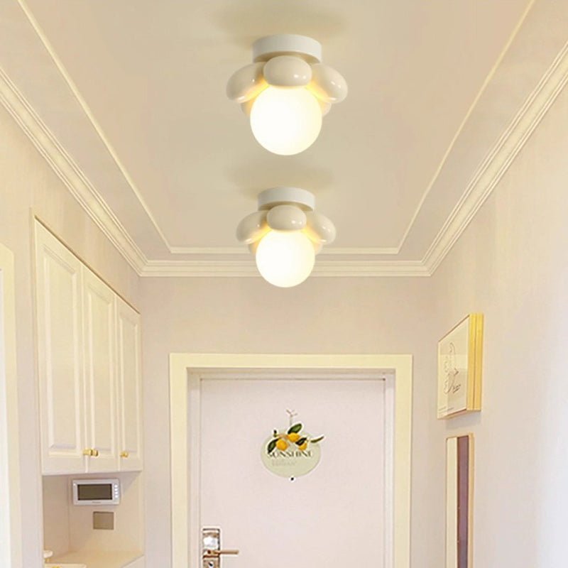 Contemporary Creative Cream Cartoon Flower Round Orb Iron Resin 1-Light Semi-Flush Mount Ceiling Light For Hallway