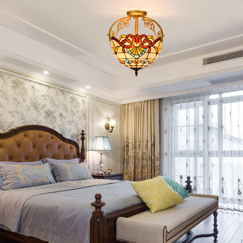 Traditional Tiffany Round Semi-Circle Iron Stained Glass 2-Light Semi-Flush Mount Ceiling Light For Bedroom